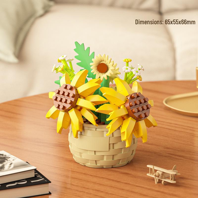 Sunflower Basket Building Blocks - Lego-Compatible Eternal Flower Pot Ornament and Educational Assembling Toy for Girls