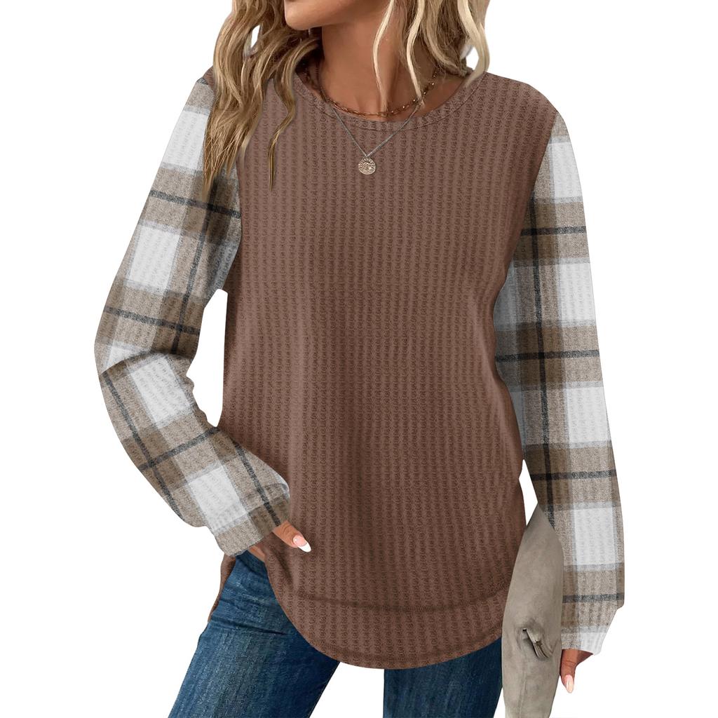 Women's Plaid Print Round Neck Long Sleeve Casual Loose Top