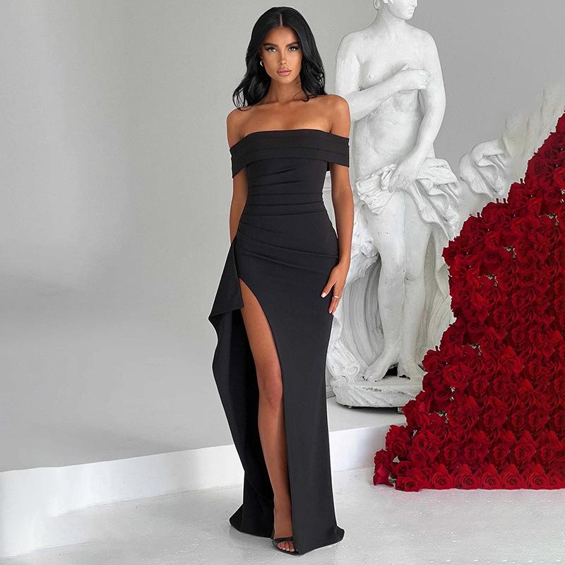 European and American women's clothing spring sexy one-word shoulder temperament elegant party dress split dress