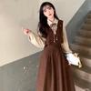 Hepburn Style Women's Corduroy Patchwork Dress - Autumn 2026 Collection, Elegant French Two-Piece Long Dress