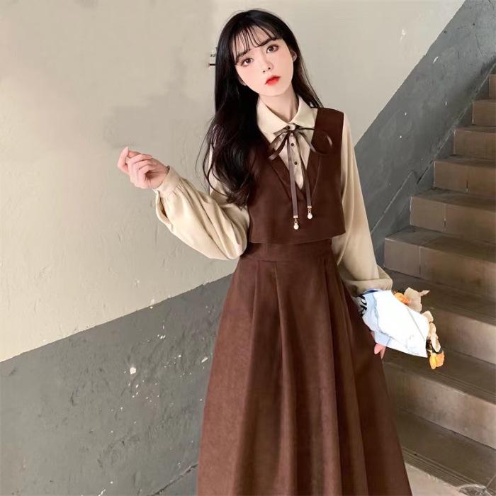 Hepburn Style Women's Corduroy Patchwork Dress - Autumn 2026 Collection, Elegant French Two-Piece Long Dress