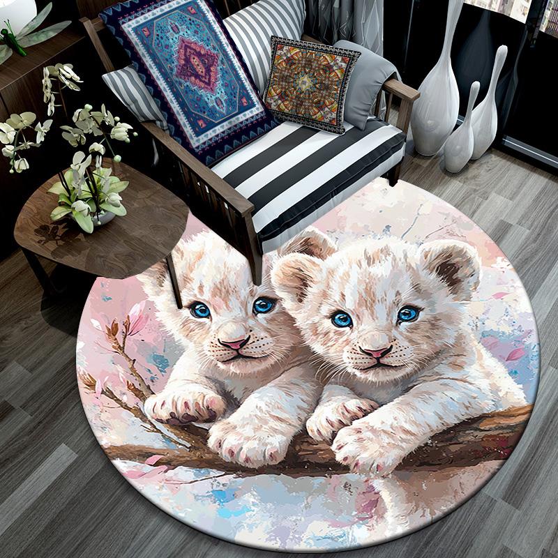 Lion Cubs Round Area Rug,Carpet Rug for Living Room Bedroom Sofa Playroom Decor,Non-slip Floor Mat