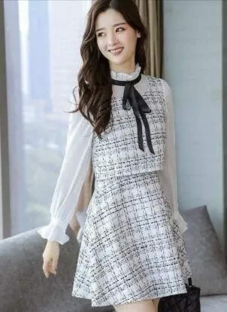Check Tweed Ribbon Mini Dress Size [Nshop] (White, S)