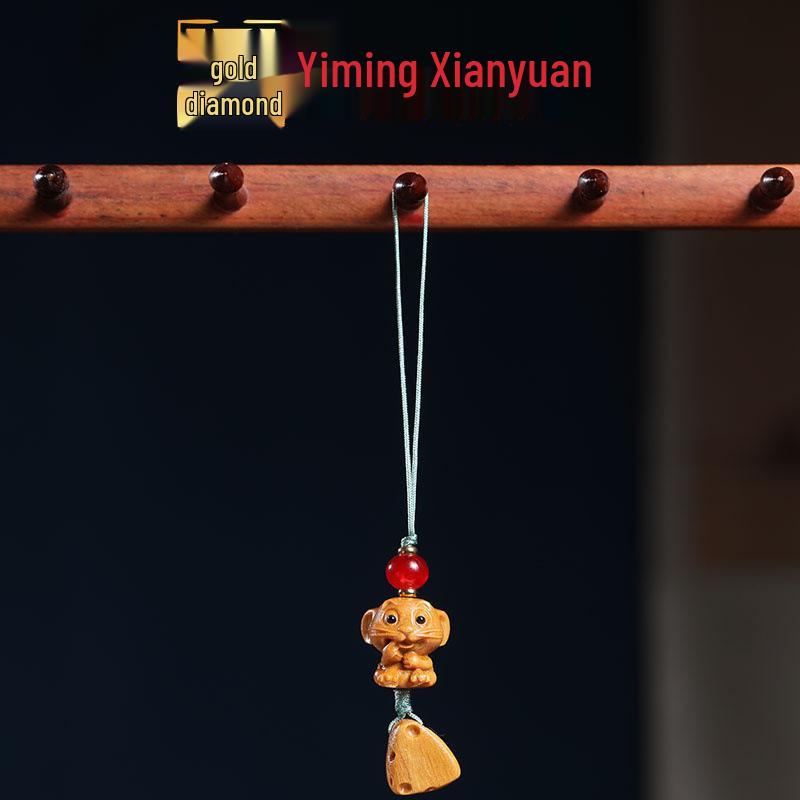 Sandalwood Zodiac Mouse Cheese Phone Charm & DIY Cultural Bead Jewelry Pendant Hanger Necklace