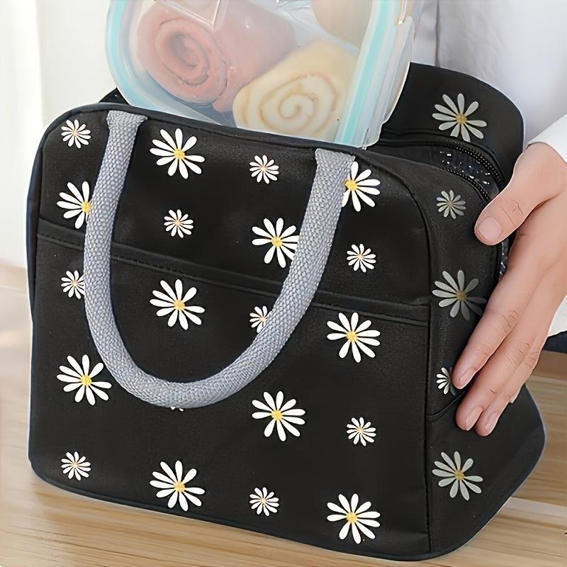 

Black Chrysanthemum Oxford Lunch Box Bag,Handbag with Thickened Aluminum Foil Insulation, School Lunch Thermal Pack, Office Portable Food Bag чёрный