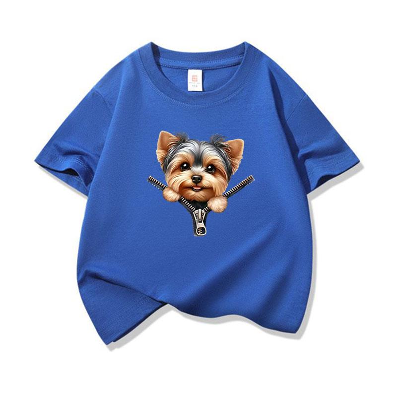 Kids Cotton T Shirt Sweet Yorkshire Terrier Dog Zipper Print Crew Neck Short Sleeve Tee Casual Breathable Boys Girls Summer Tops