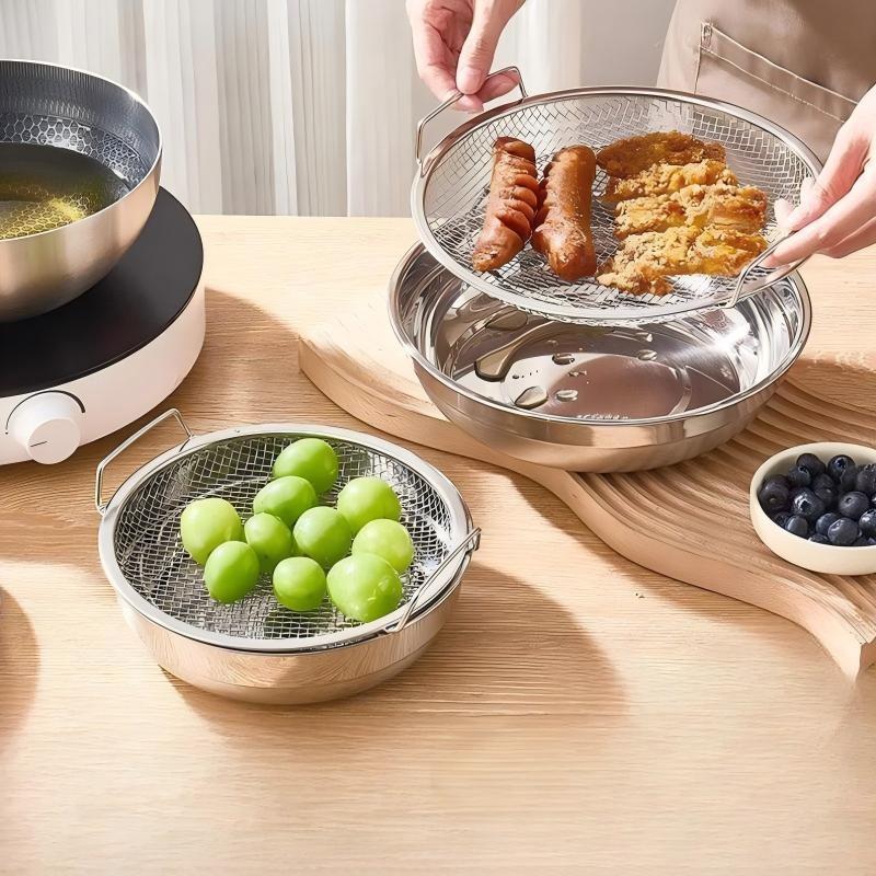 Stainless Steel Round Mesh Air Fryer Drain Basket Heat Resistant Oil Filter Tray with Handle for Party Camping Cooking