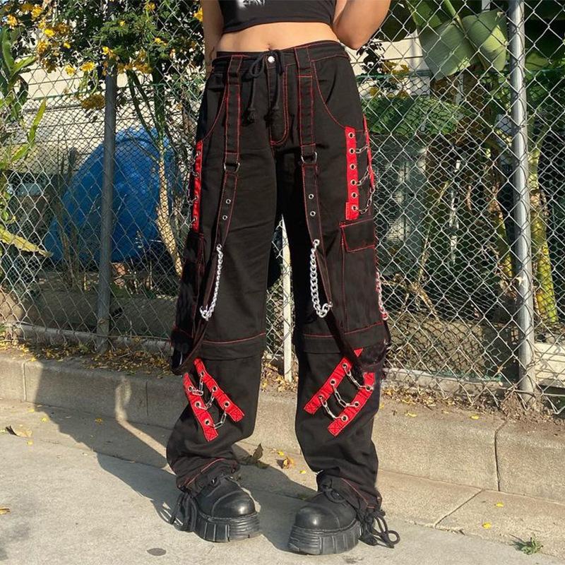 Retro Dark Style Cool Saucy Webbing Corn Chain Casual Pants Contrasting Striped Mesh Wide-leg Pants