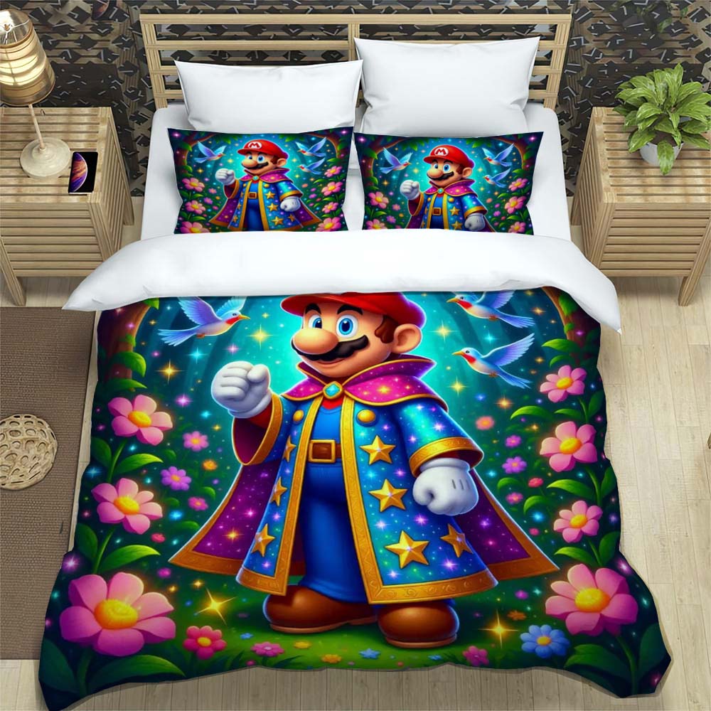 Comfortable Bedding Set, 3D Cartoon Mario Three-piece Set, Including Duvet Cover and Pillowcases.