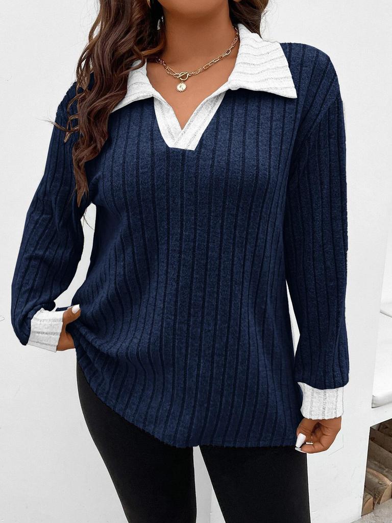 2026 Autumn/Winter Women's Plus Size V-Neck Long Sleeve Ribbed T-shirt