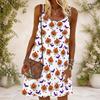 Women Plus Size Scoop Neck Thin Straps Sleeveless Loose Fit Halloween Pumpkin Printed White Dress