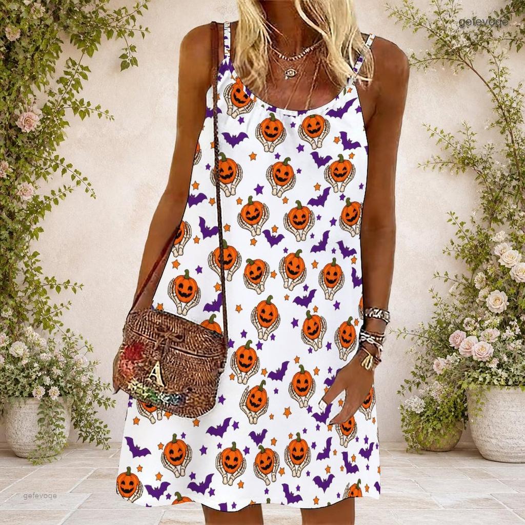 Women Plus Size Scoop Neck Thin Straps Sleeveless Loose Fit Halloween Pumpkin Printed White Dress