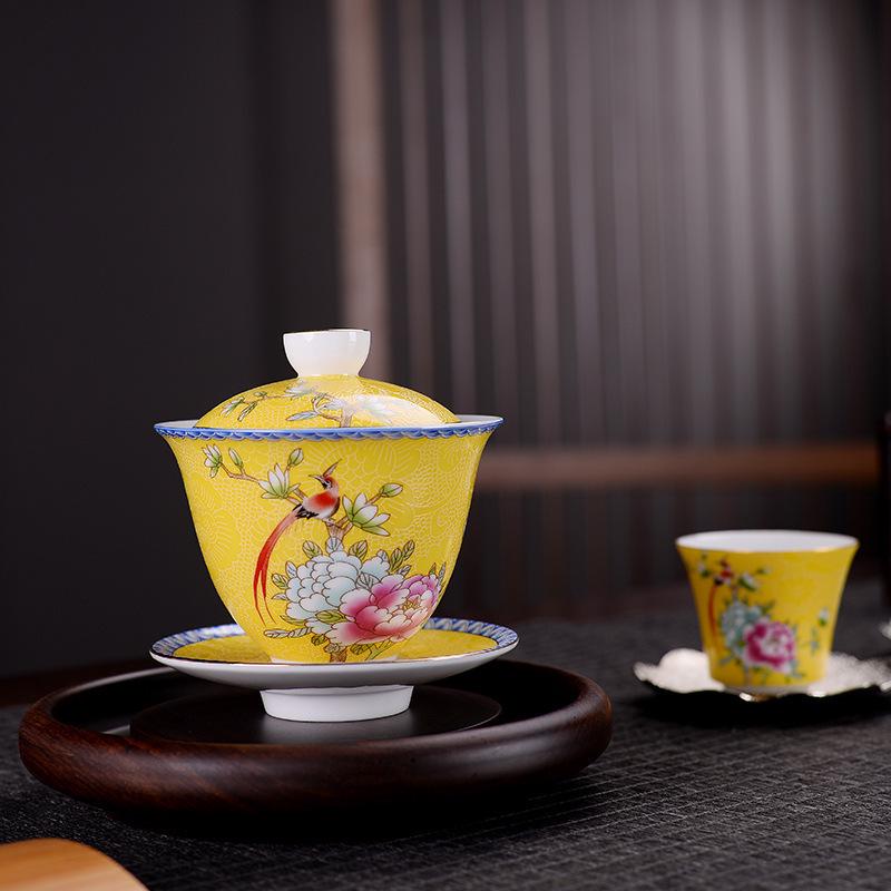 Court Style Cloisonné Enamel Sancai Gaiwan Ceramic Kung Fu Tea Set with Handmade Filigree Pahua Brewing Bowl