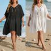 Spring Summer Women's Plus Size Crochet Lace Pom Pom Trim Beach Cover Up Dress