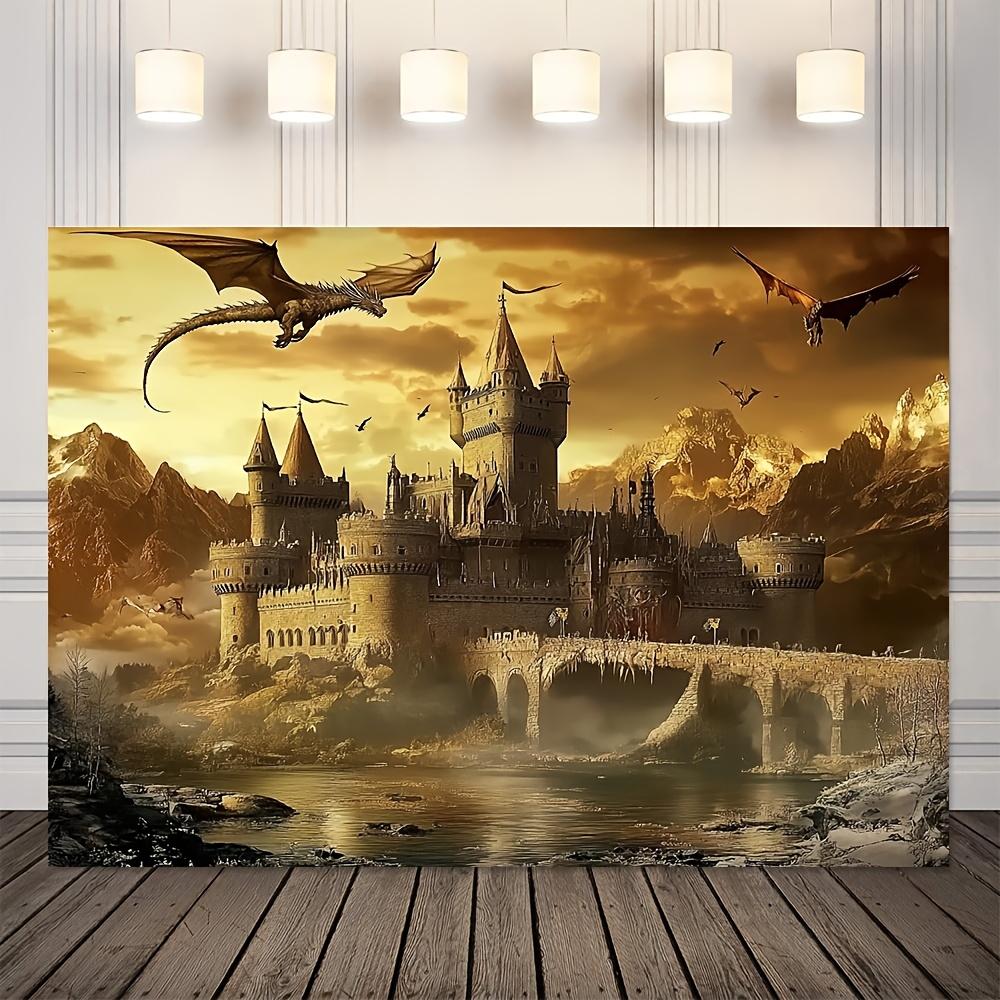 2D Plane, 1 Medieval Castle and Dragon Background Fabric, Suitable for Fantasy-themed Decoration, for Indoor and Outdoor Use