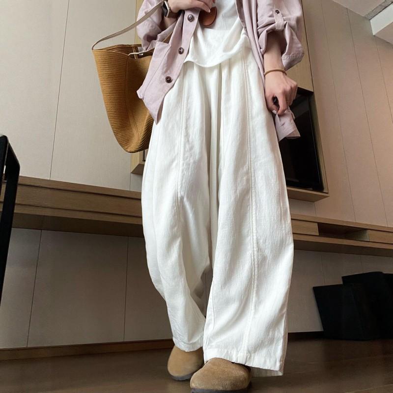 Womens White Wide Leg Pants Loose Casual Trousers Lazy Style Workwear Balloon