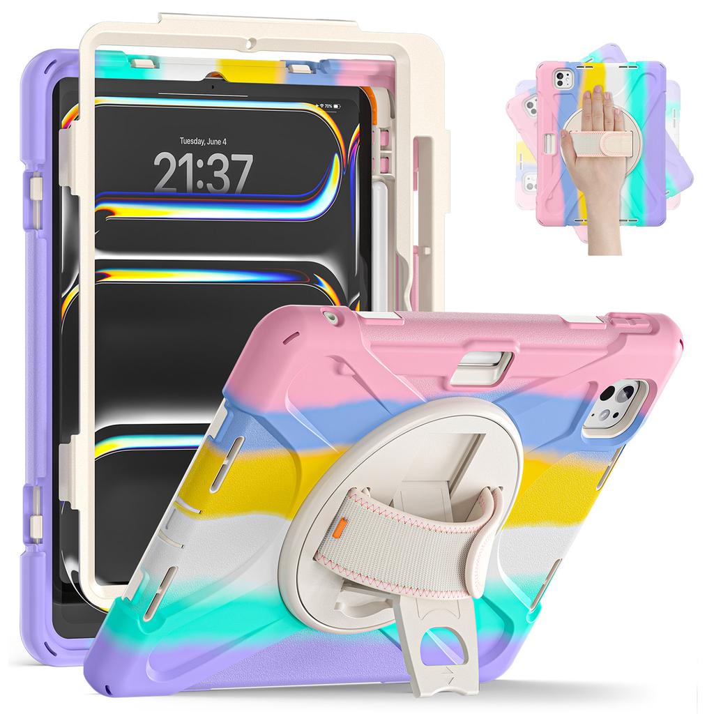 For iPad Pro 11 (2025)/11 (2024) Case Rotary Kickstand PC+Silicone Hand Strap Tablet Cover