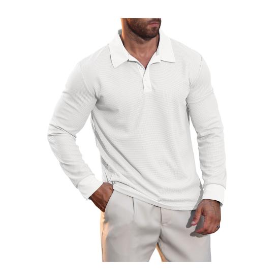 Men Waffle Golf Shirt Long Sleeve Turndown Collar Shirt Quarter Button Neck Casual Shirt for Vacation Office Party Date