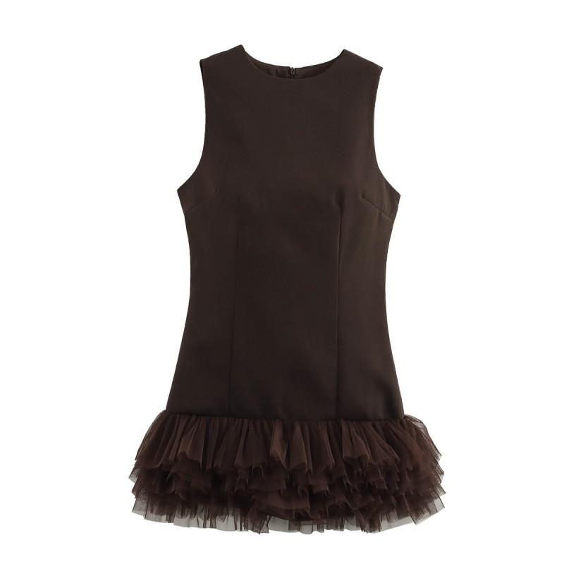 

European American Women s Clothing Slim Round Collar Sleeveless Mesh Splicing Dress L темно-коричневого кольору