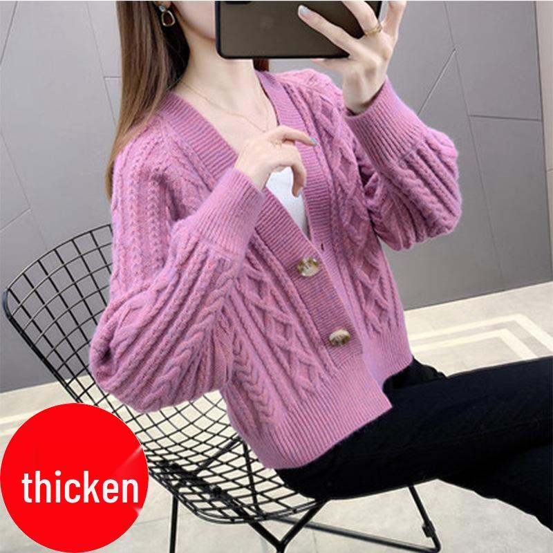 Women's Autumn 2025 Stylish Solid Color Knitted Cardigan - Thickened Short Versatile Coat