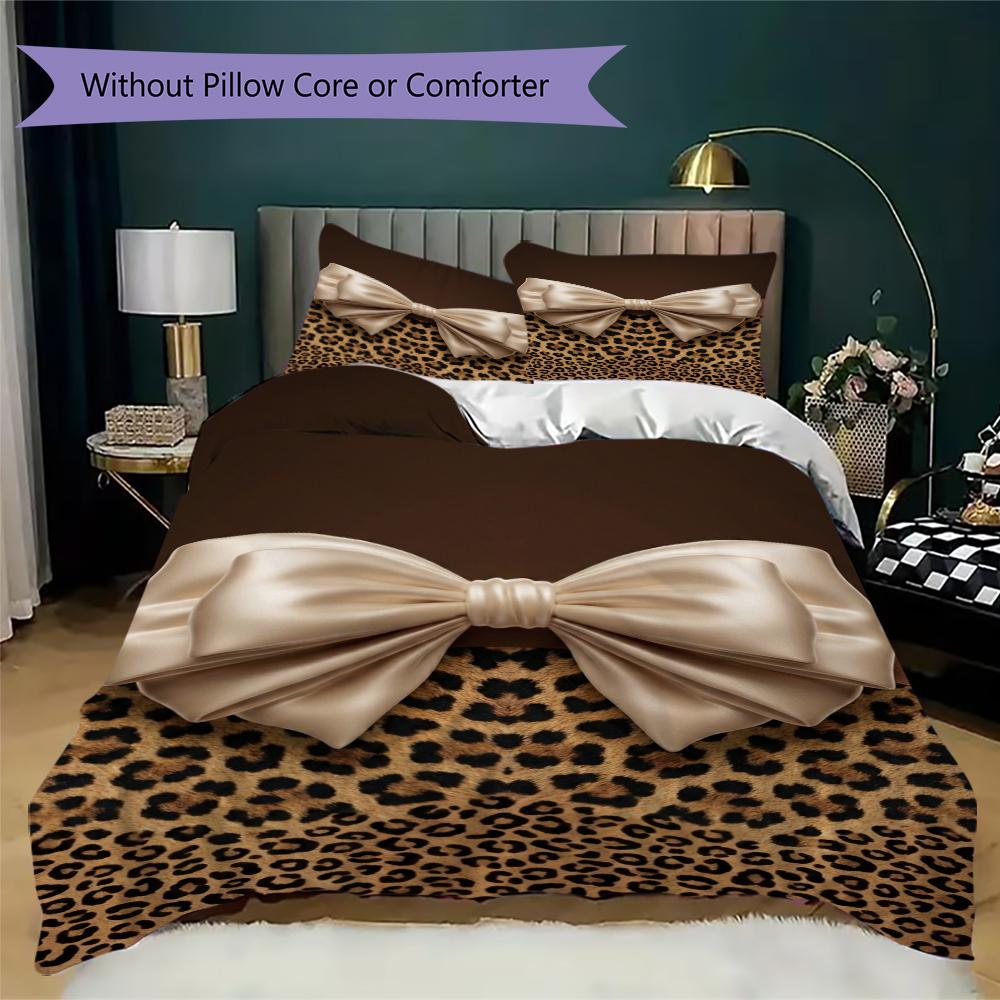 Leopard Print Bow Pattern Bedding uilt Set uilt Cover Pillowcase Home Decoration Birthday Gift (1 * duvet cover + 2 * pillowcase without core)91