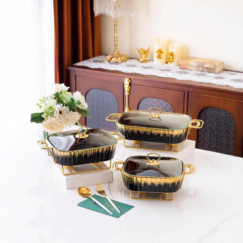 Rectangular Golden Ceramic Baking Casserole Pot with Stand