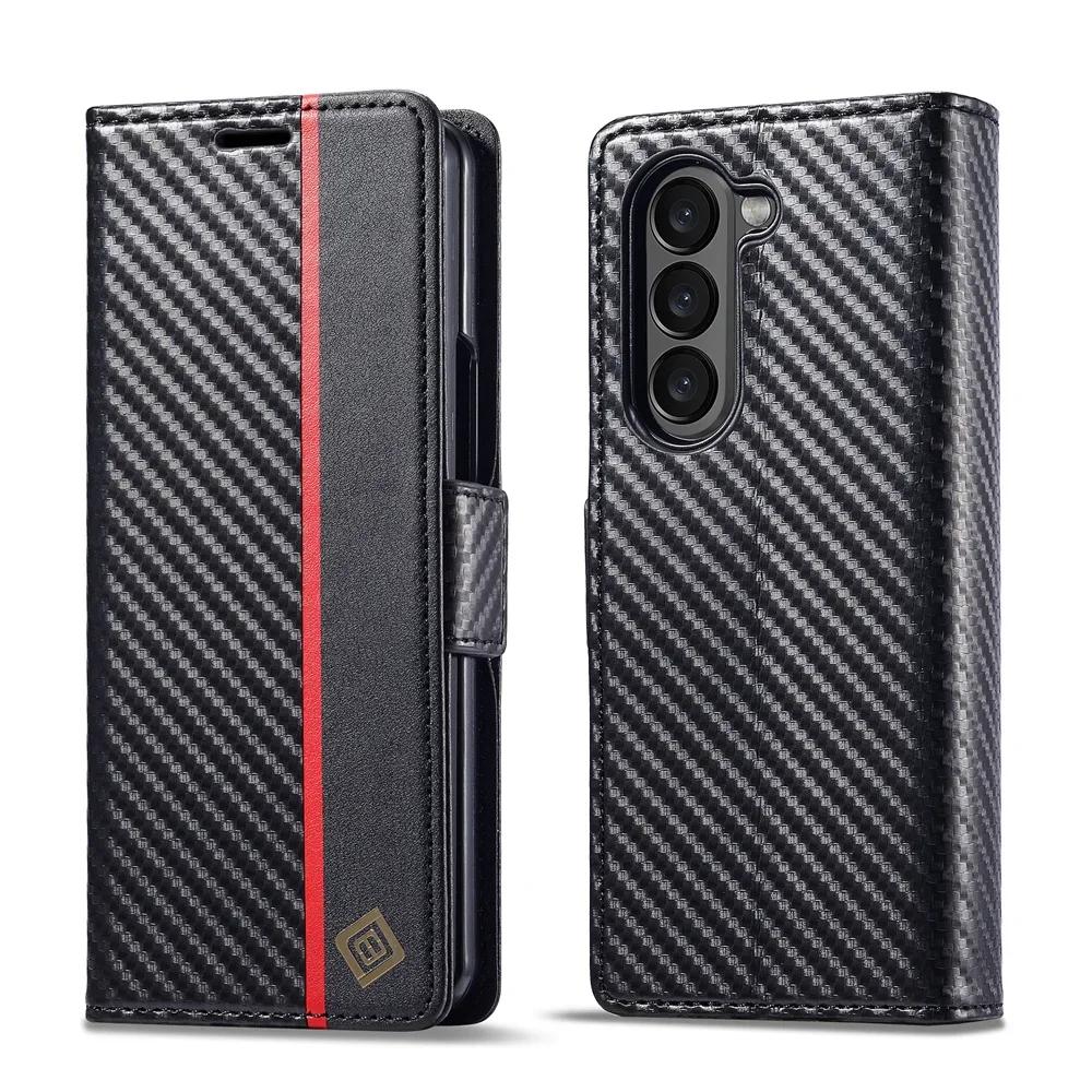 Luxury Carbon Fiber PU Leather Cover For Samsung Galaxy Z Fold 7 6 5 4 3 Fold7 Fold6 5G Phone Case Flip Wallet with Card Holder