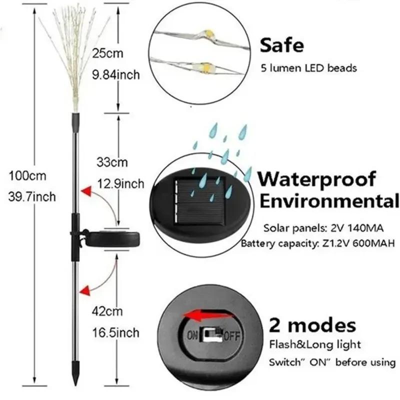 Solar Garden Lights 200LED Waterproof Outdoor Firework Lamps Copper Wire Fairy Lights for Lawn Pathway Yard Patio Garden Decorative Lighting