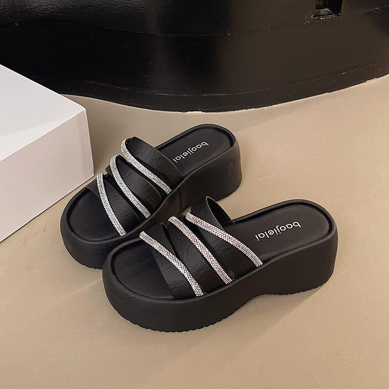 

Niche 2025 new slippers summer wear fashion open-toed square head one-word drag women high-heeled low-heeled sandals women 40
