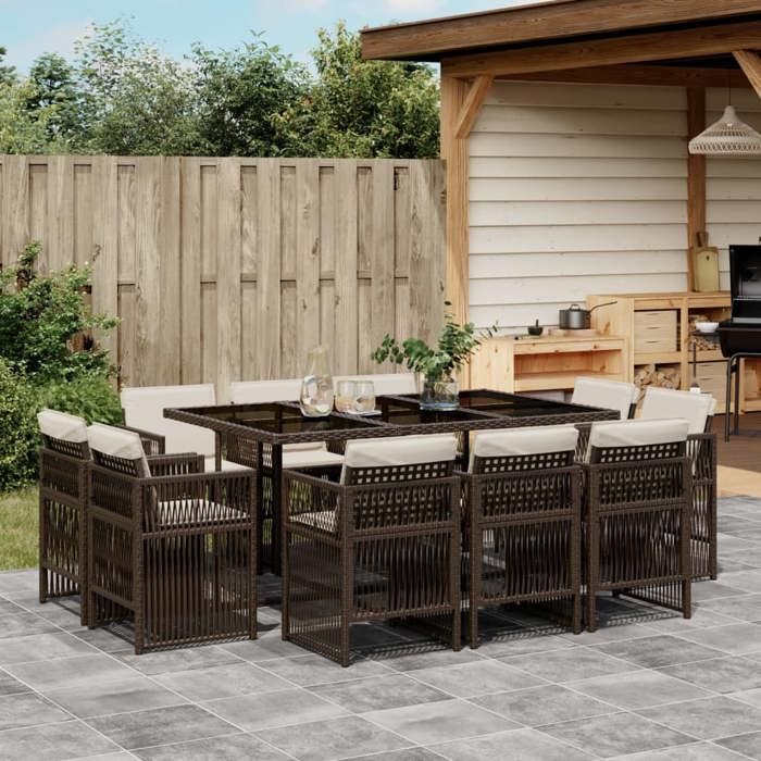 VidaXL Ensemble à Manger de Jardin avec Coussins 11 pcs, Table et Chaises à Dossier Rabattable, Meubles d'Extérieur Patio 3211029