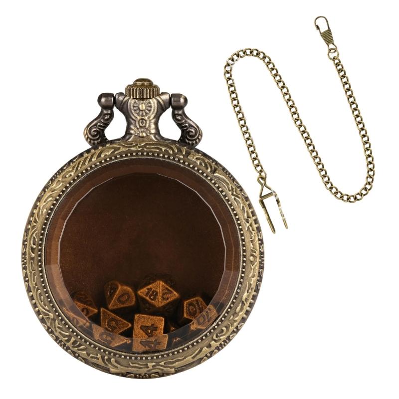 Unique Pocket Watch Case with 7pcs/set Metal Polyhedral Dices Pendant Delicate Pocket Watch for Gamers and Collectors