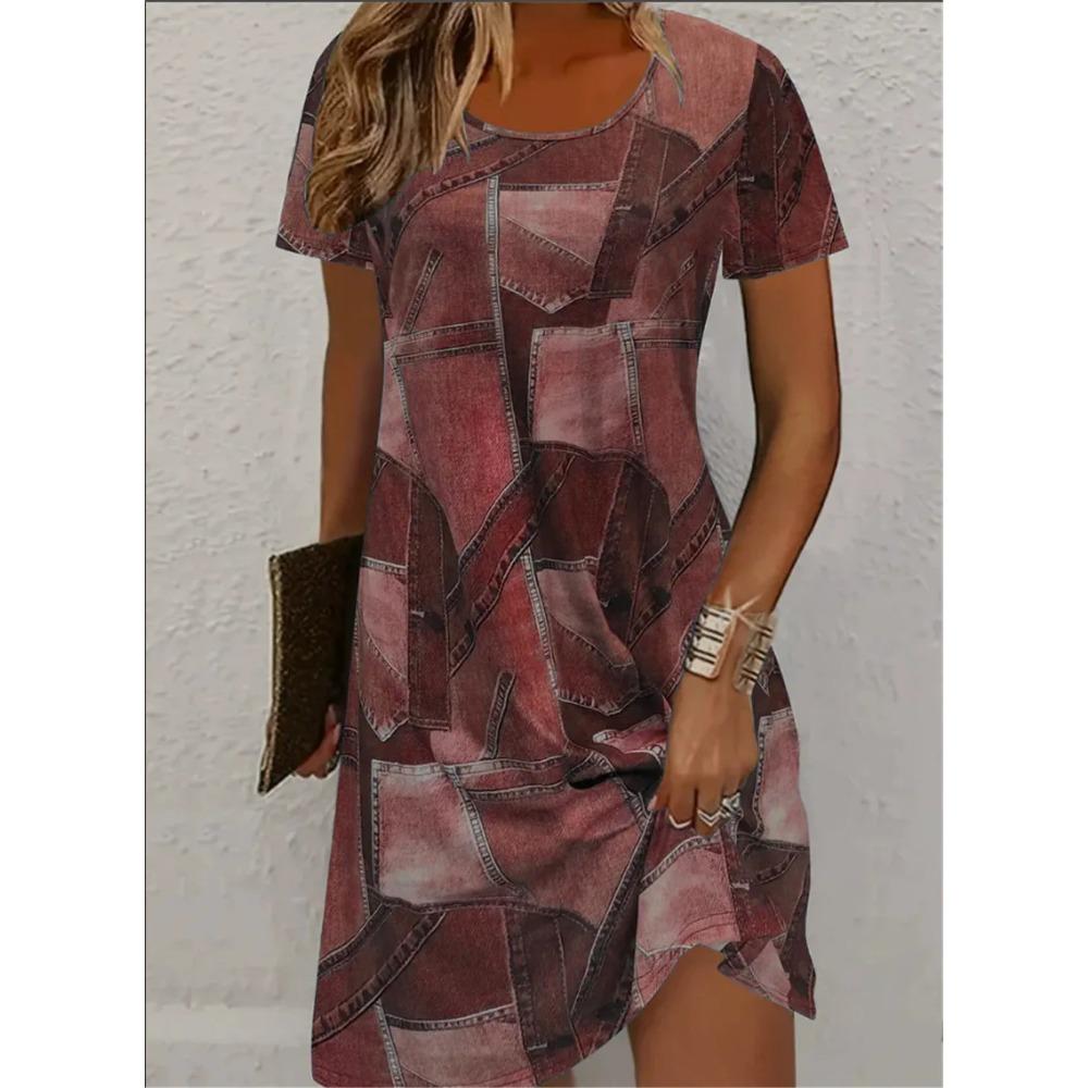 

Patchwork Cowboy Pattern Women Mini Dresses Summer Short Sleeve 3D Printed Streetwear Ladies Dress Casual Dress S