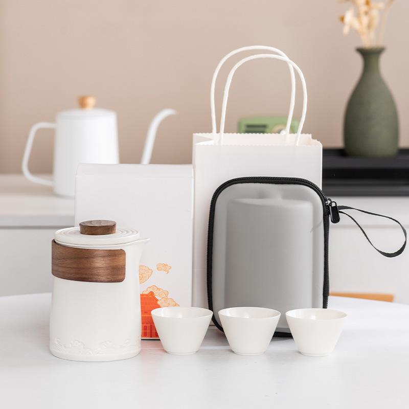 High-grade Suet Jade Porcelain Travel Tea Set, Outdoor Portable Set, Light Luxury Guochao, a Pot of 36 Teacups, Business Gifts
