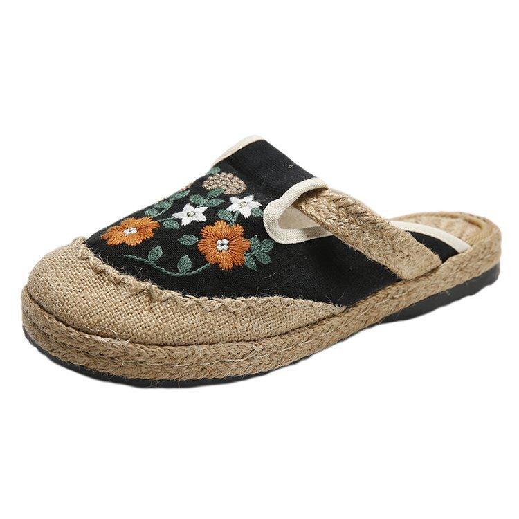 Women's platform office bag head slippers can be worn outside ethnic style old Beijing cloth shoes linen embroidery lazy pedal