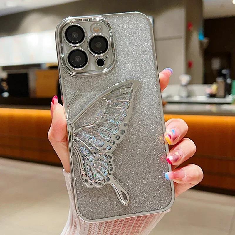 

3D Чехол-бампер с блестками в виде бабочки для iPhone 16 15 14 Plus 13 12 11 Pro Max, гальванизированный силиконовый мягкий ТПУ, противоударная задняя крышка For iphone 14 Pro