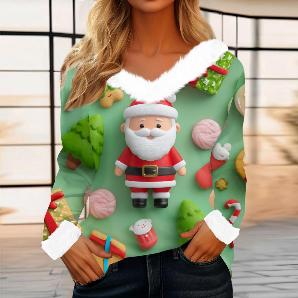 Women's Casual Fashion Long Sleeve Christmas Printed Flannel Collar Top