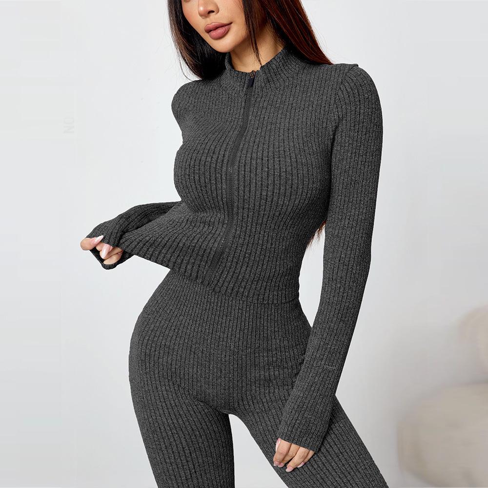 

Женский ribbed set для йоги на молнии: Приталенный костюм из двух частей на осень и зиму - Идеально подходит для бега, спорта и повседневной носки M темно-серого