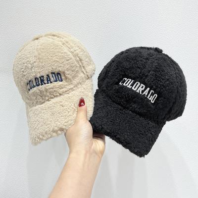 Casquette de baseball chaude en laine d'agneau pour homme et femme, avec broderie de grandes lettres, couleur unie