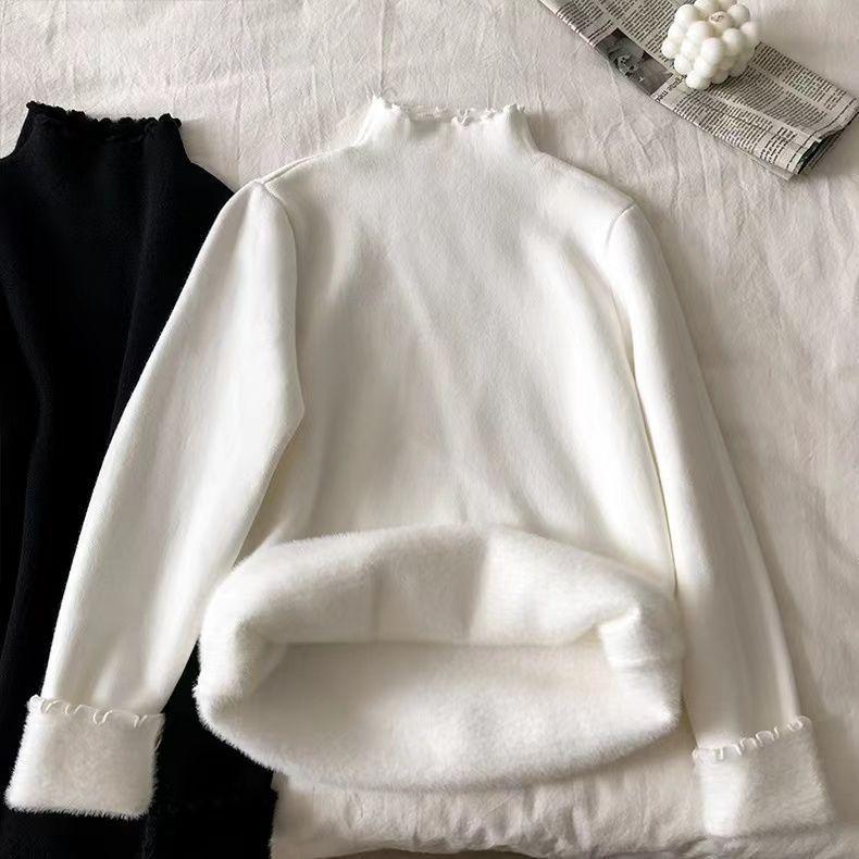 Осенне-зимняя элегантная бархатная рубашка с высоким воротником, женская простая блузка из бархата с длинными рукавами, утолщенные повседневные топы S белый