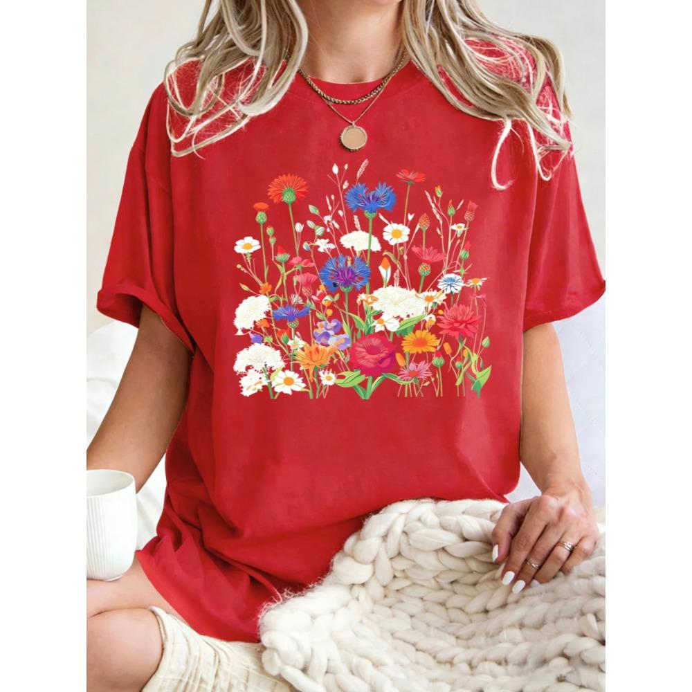 Flowers That Absorb Sunlight Printed T Shirt Women Summer Casual Short Sleeve O-Neck Loose T-Shirt Cotton Sportswear