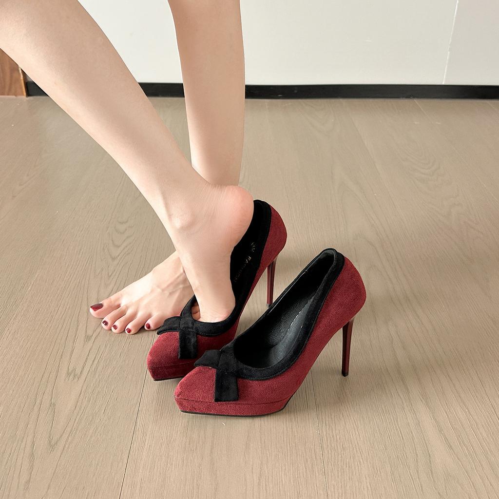 Bow high heels women's 2025 spring and summer new versatile temperament not tired feet shallow mouth waterproof table pointed single shoes