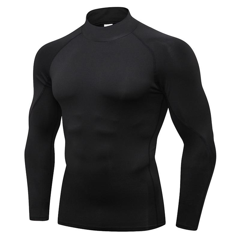 Men's High-Neck Fitness Sports T-Shirt Stretch and Quick-Drying Stand-Up Collar Sweater Long Sleeves