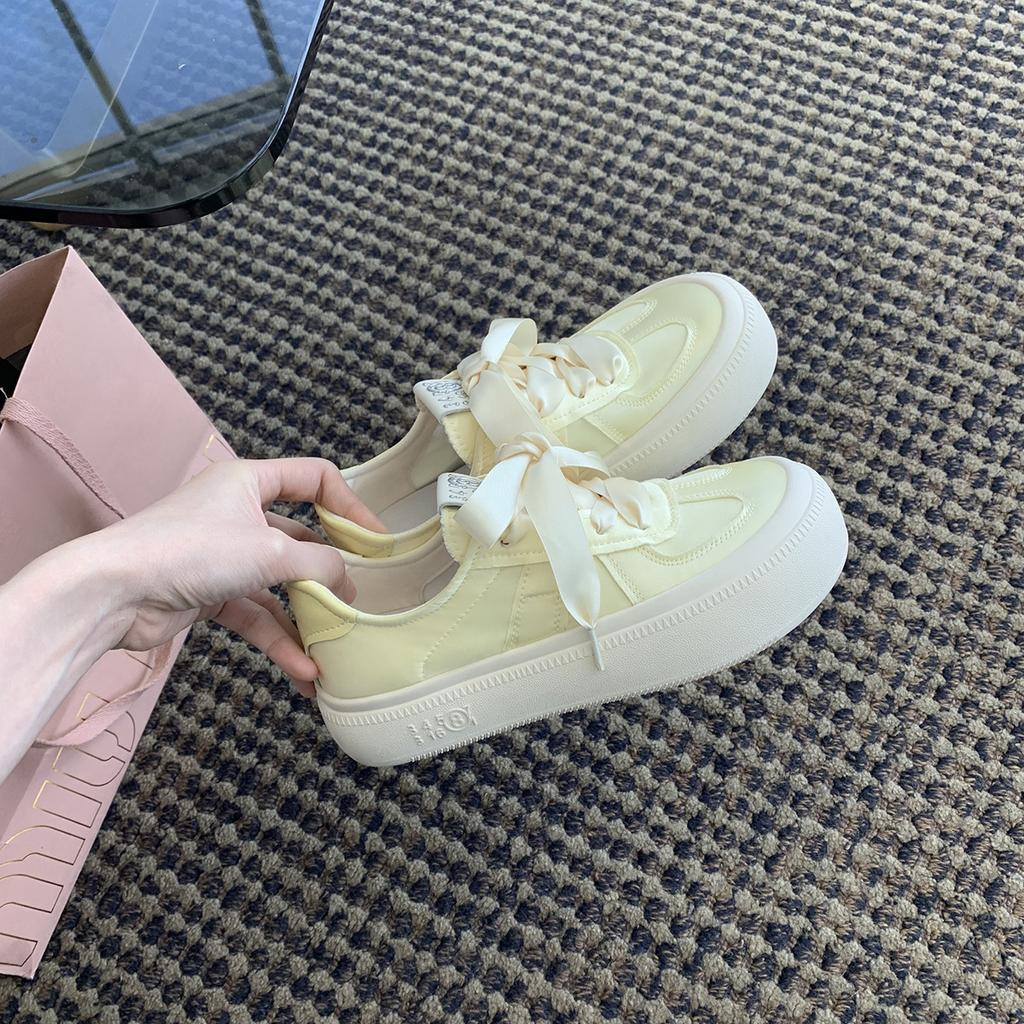 Grape mother same style~ 2025 spring and summer new leather heightened thick-soled satin training shoes lace-up casual board shoes women