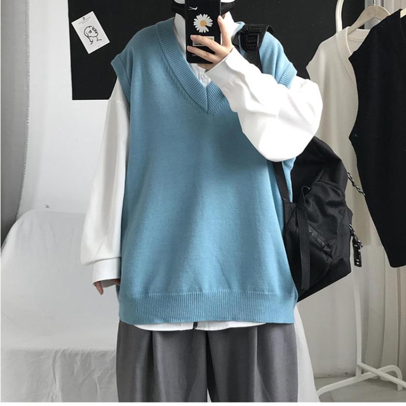 Νέο Μοντέρνο Χοντρό Αμάνικο Γιλέκο με V Λαιμόκοψη Αμάνικο Πουλόβερ Βαμβακερή Σχολική Στολή Βαμβακερό Φαρδύ Πλεκτό Γιλέκο Πουλόβερ Για Άνδρες