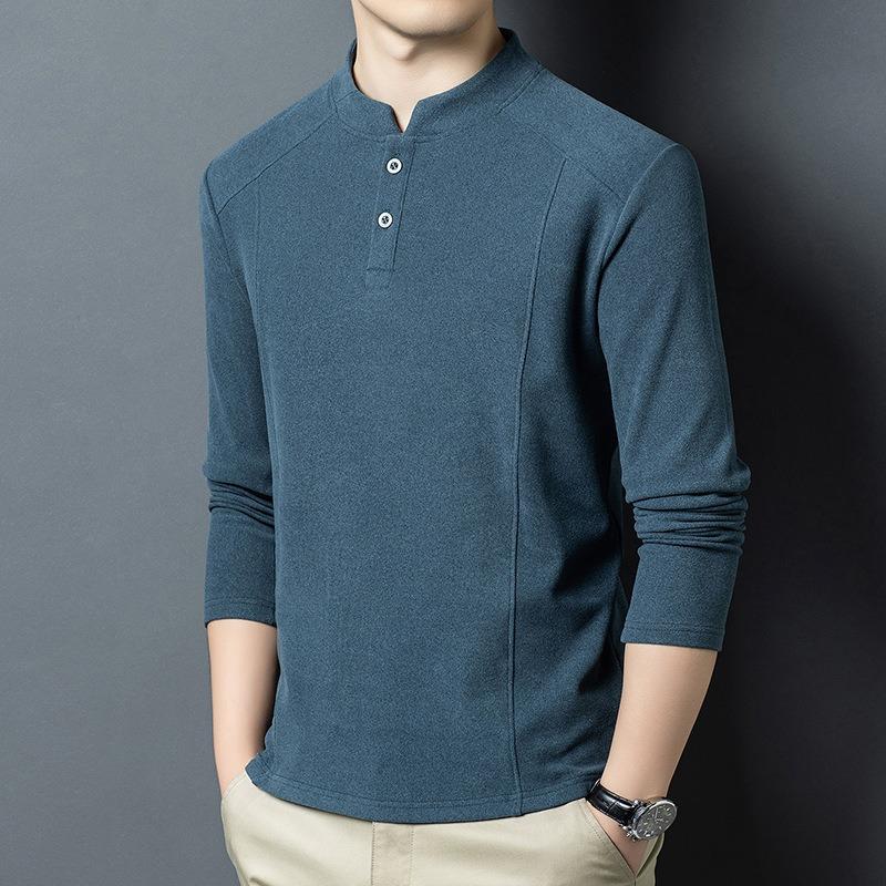 Spring Autumn Stand Collar Casual Fashion Bottomed T-shirt Male Long Sleeve Solid Color Tee Pullover Top Men
