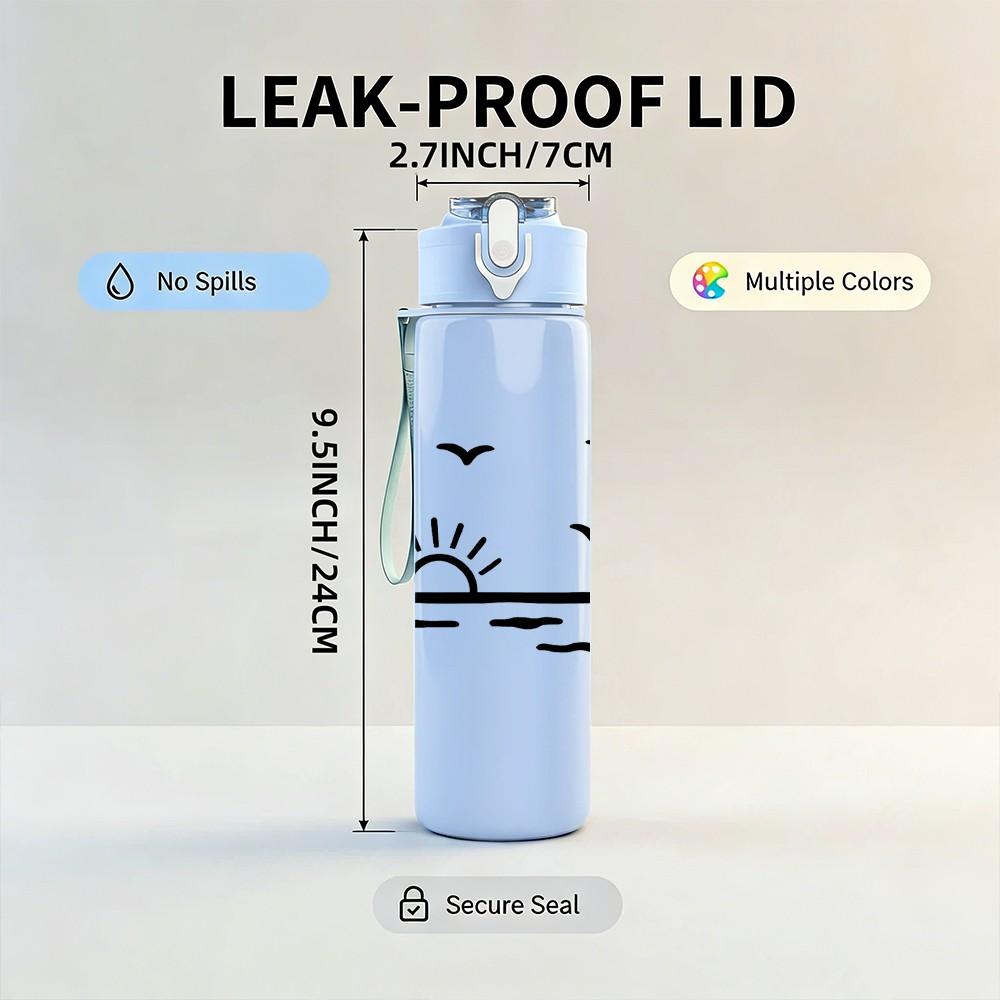 1PC Sunset Seagull Line Art 750ml Color Plastic Sports Water Bottle Leakproof Flip Straw Lid Suitable for Sports Office Home Use