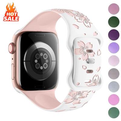 Silicone Band Engraved Floral Strap for Apple Watch 38mm 40mm 41mm 42mm 45mm 46mm 49mm iWatch Series 11 10 9 8 7 6 5 4 3 2 1 Se