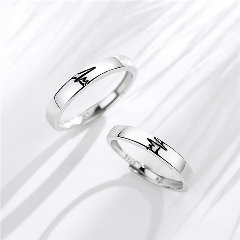 2Pcs Love Heart Electrocardiogram Couple Open Rings For Women Men Lover Black Silver Color Engagement Wedding Valentine'Day Gift