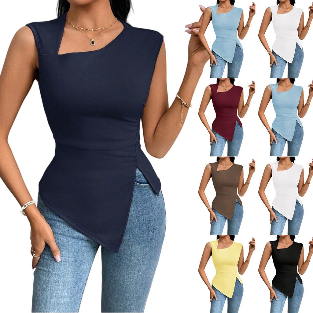 Ladies' Summer Elegant Fashion T-shirt Slant Neck Short Solid Color Top