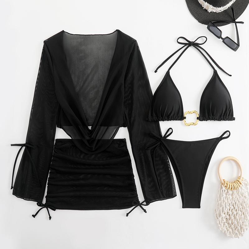 

Новые Сексуальные Купальники Бикини из Четырех Частей для Женщин Сетчатый Купальник с Длинным Рукавом Женский Купальный Костюм Пляжная Одежда Костюм для Плавания S чёрный